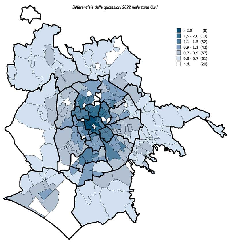 Mappa dei quartieri e zone di ROMA, con il differenziale delle Quotazioni immobiliari OMI 2022