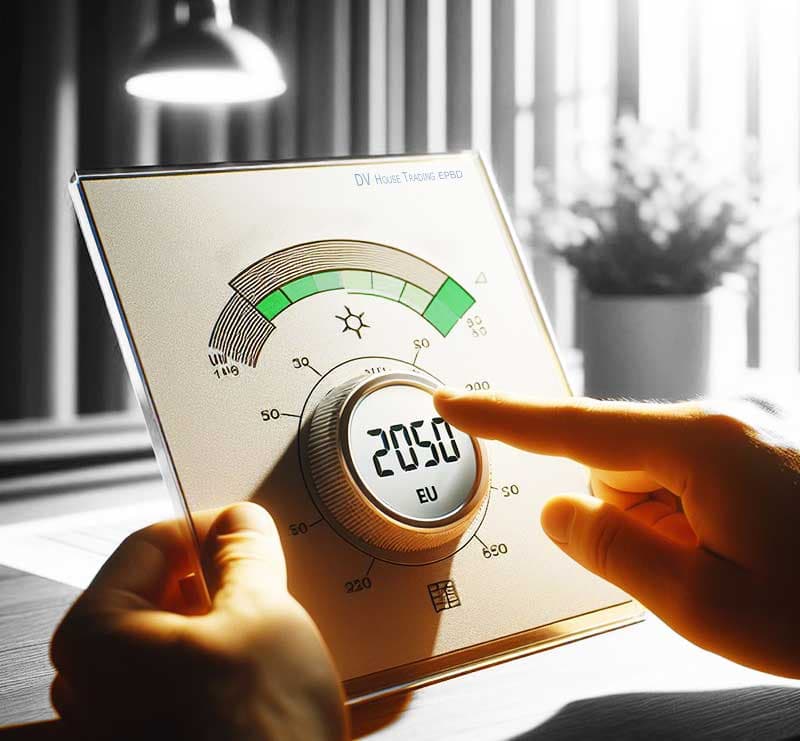 immagine che rappresenta un moderno termostato per la regolazione della temperatura interna, con visualizzate le scritte UE e 2050