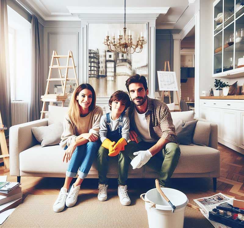 Immagine di una famiglia italiana, con marito moglie e figlio, all'interno di un soggiorno nel quale sono in corso alcuni lavori di ristrutturazione
