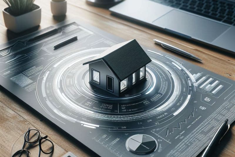 Immagine di una casa stilizzata sulla scrivania, contornata dai dati relativi alla domanda e offerta di immobili in vendita nel 1 trimestre 2024